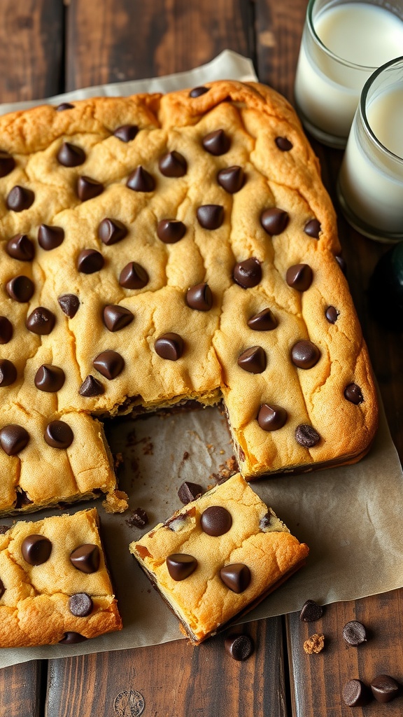 Ultimate Chocolate Chip Cookie Bars in a 9x13 Pan Freshly baked chocolate chip cookie bars in a 9x13 pan, with melted chocolate chips.